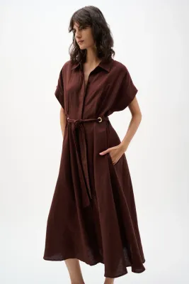 262907 Linen Blend Fit And Flare Shirt Dress