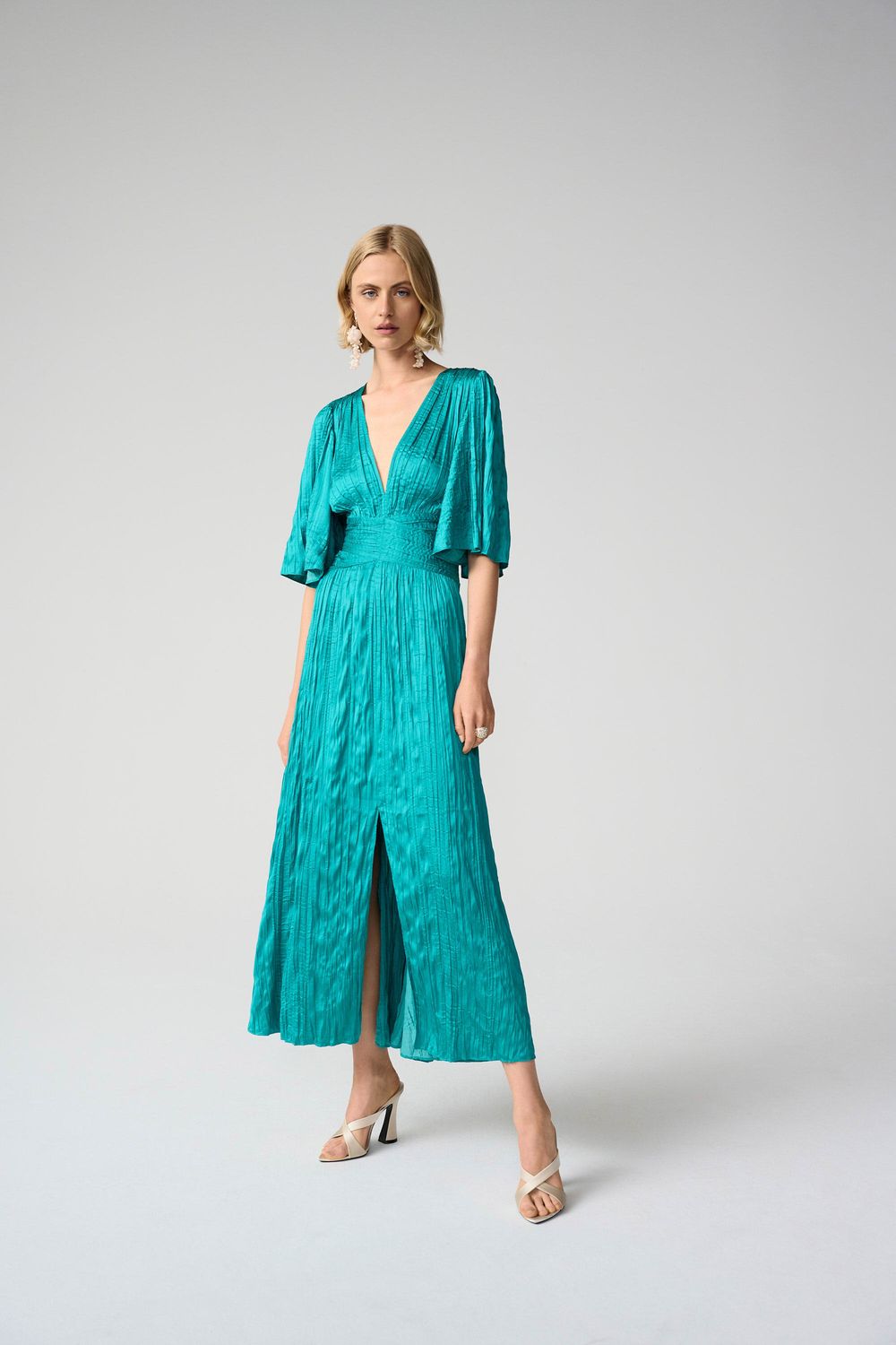 261962 Satin Fit and Flare Pleated Dress