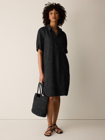 D5441M Puckered Organic Linen Grid Classic Collar Dress