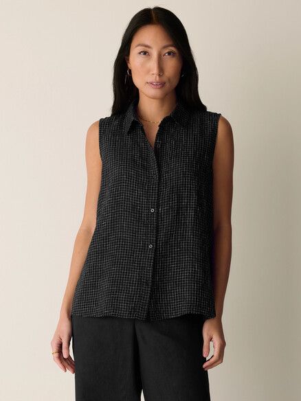 T6031M Puckered Organic Linen Grid Sleeveless Shirt