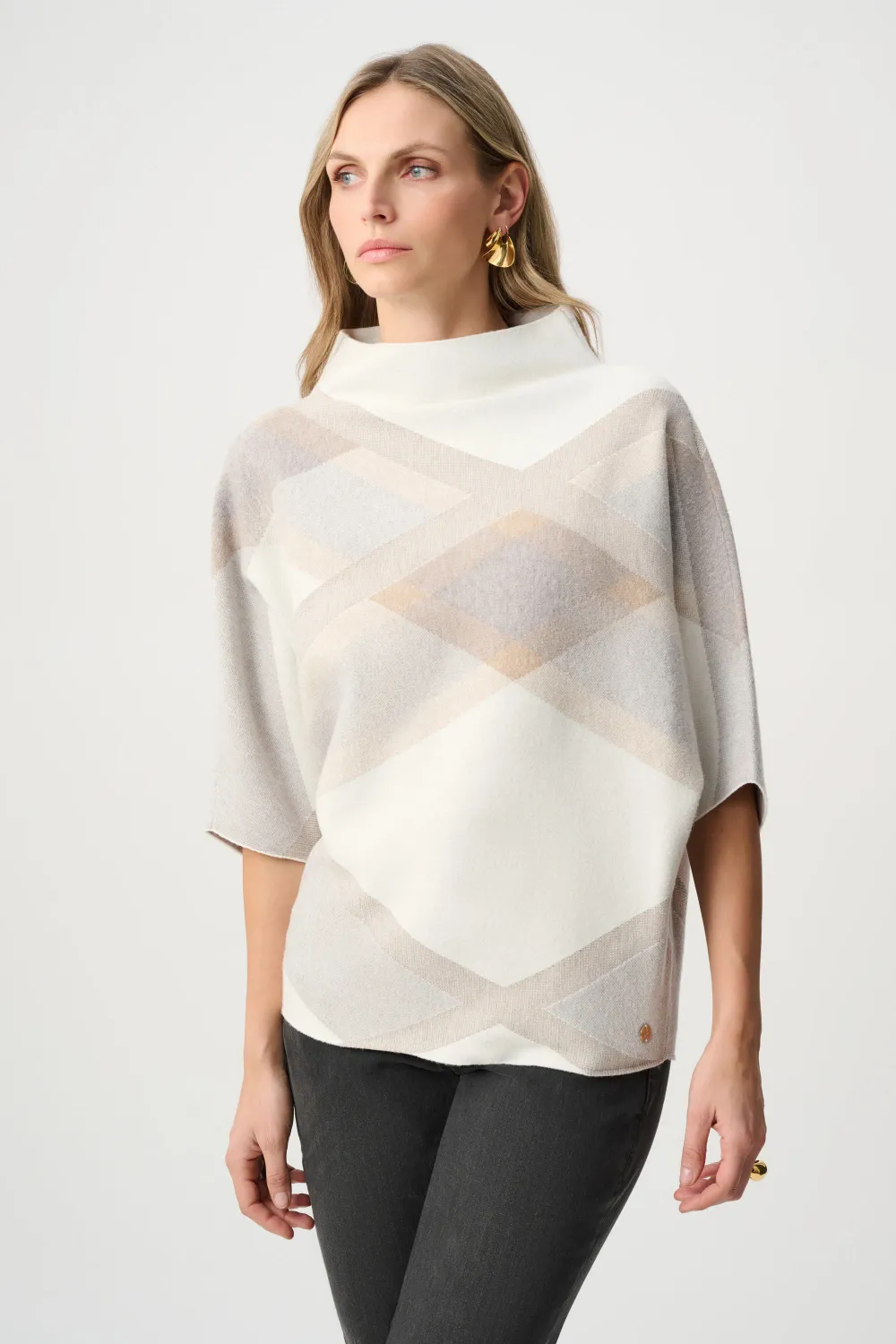 263947 Brushed Viscose And Nylon Plaid Funnel-Neck Sweater