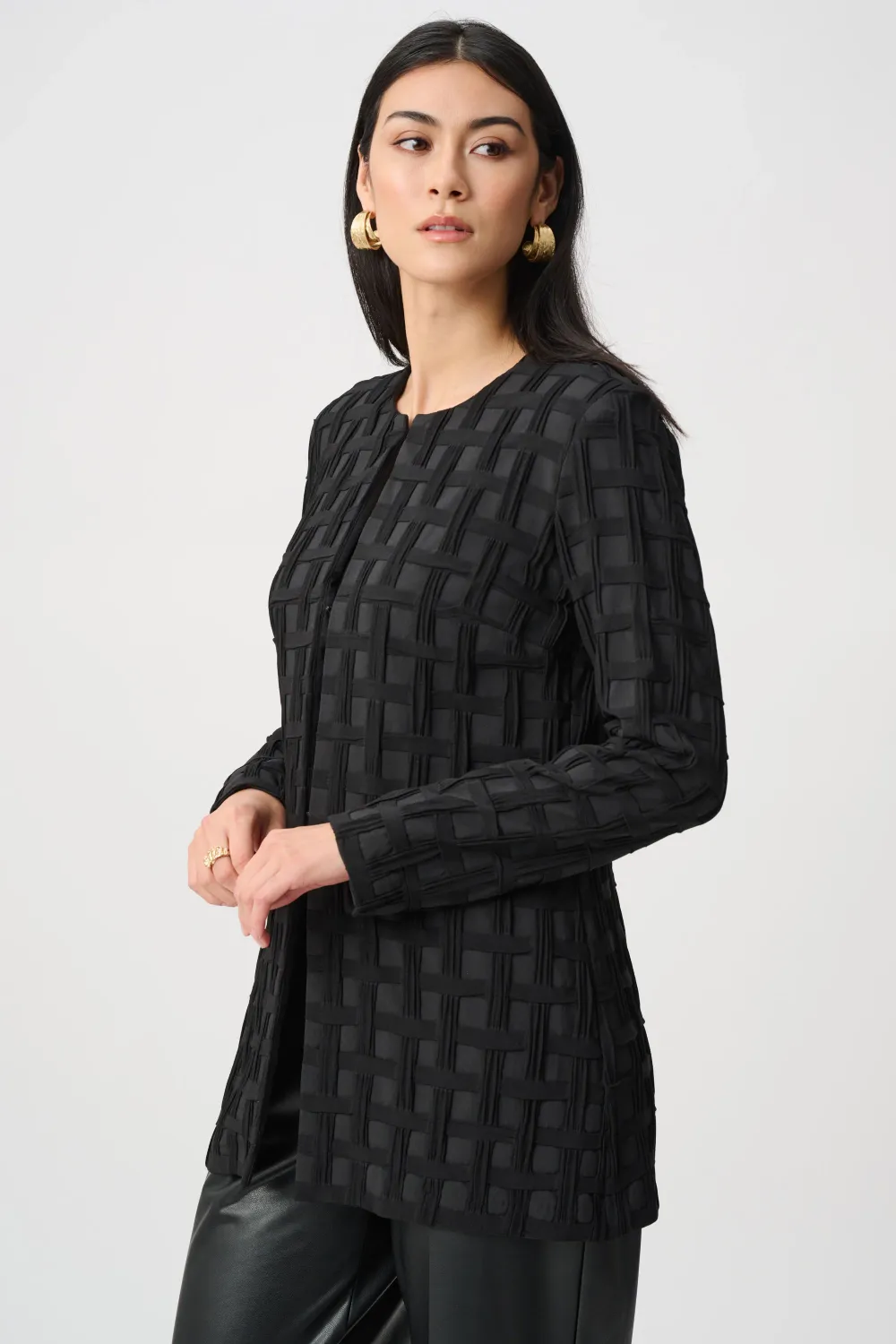 263083Textured Jacquard Collarless Jacket
