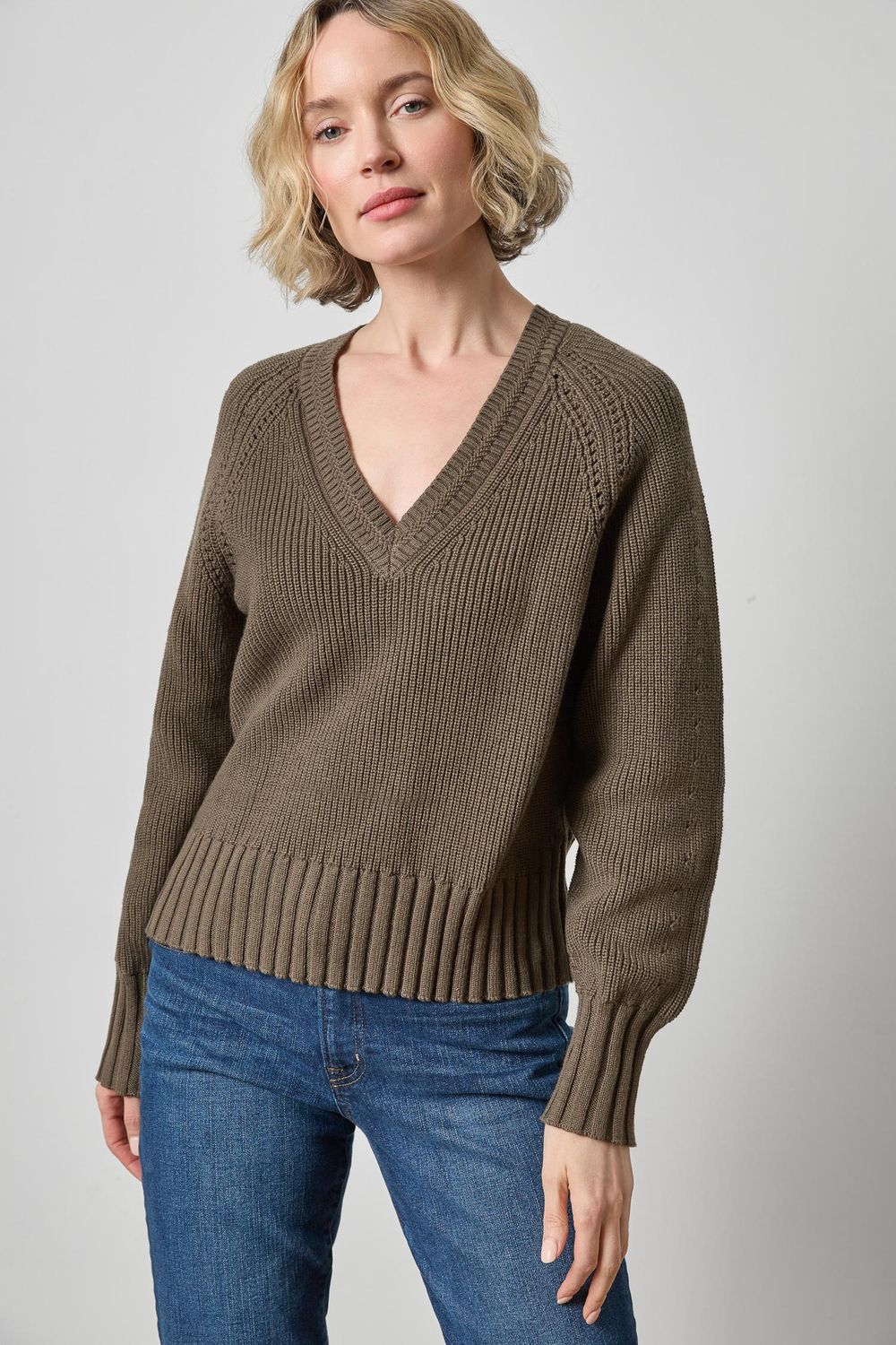 PA3501Textured V-Neck Saddle Sweater