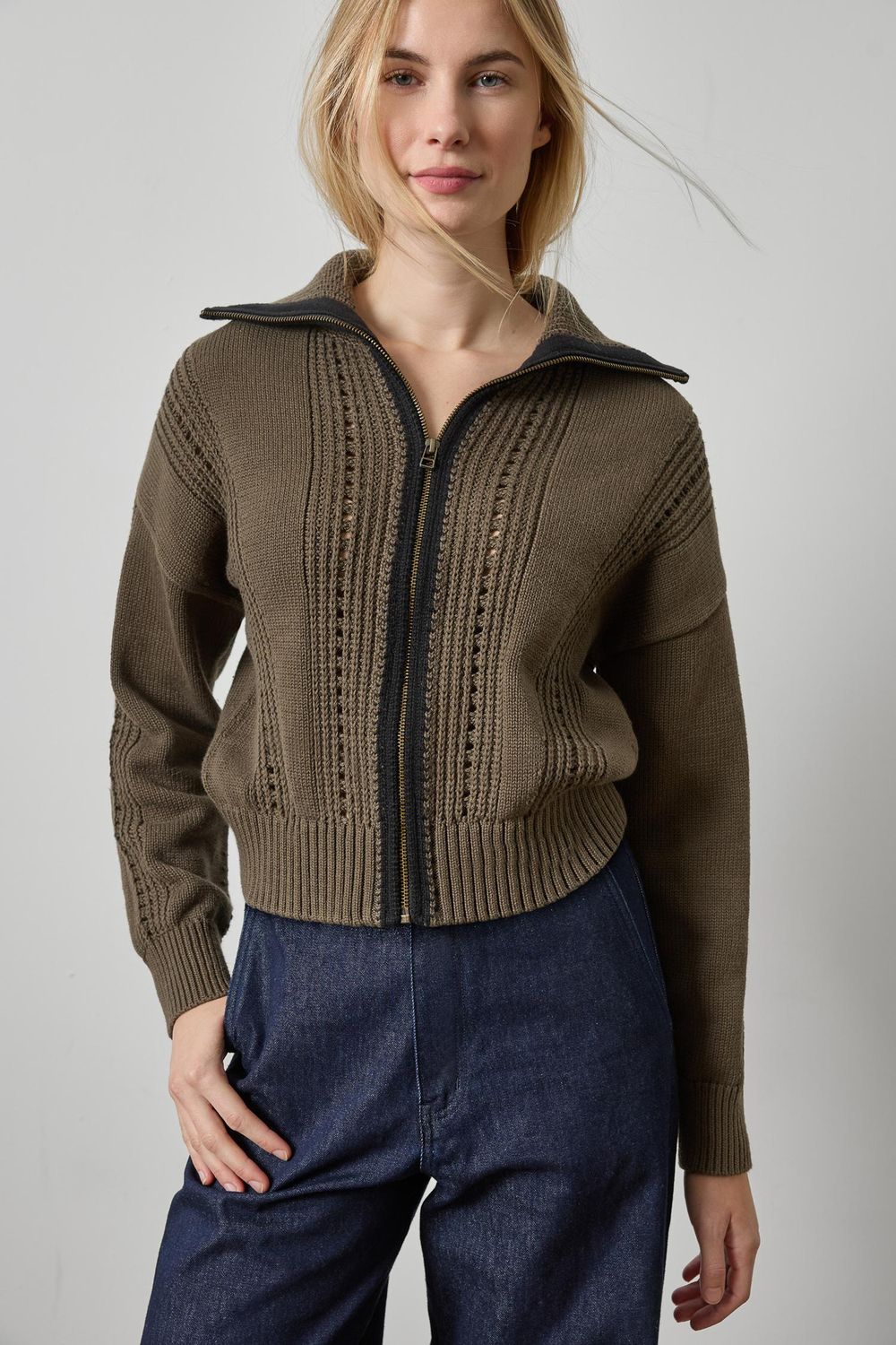PA3502 Contrast Collar Zip Cardigan