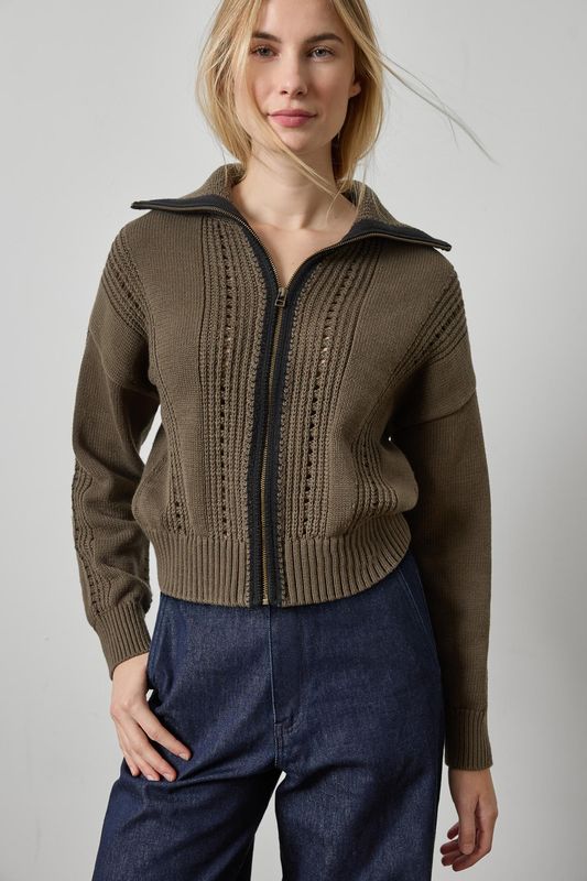 PA3502 Contrast Collar Zip Cardigan
