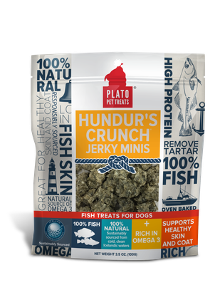 Plato Pet Treats Hundur&#39;s Crunch Jerky Minis Fish Dog Treats