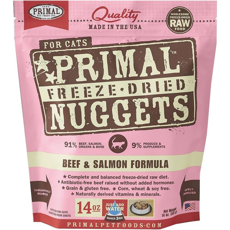 Primal Freeze-Dried Nuggets Grain-Free Beef &amp; Salmon Formula Cat Food 14-oz