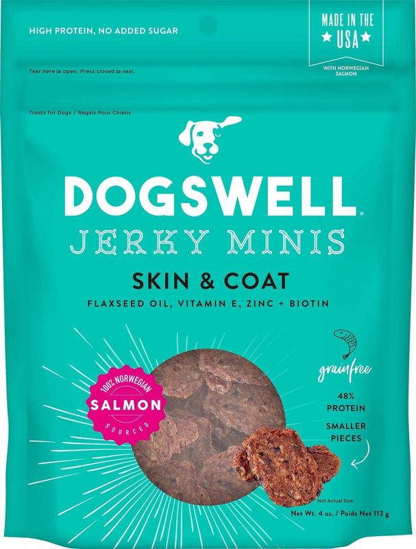 Dogswell Jerky Minis Skin &amp; Coat Salmon Jerky Dog Treats 4-oz