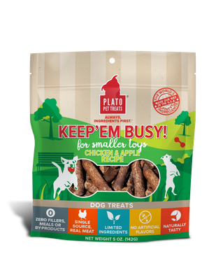 Plato Pet Treats Keep&#39;Em Busy Chicken &amp; Apple Recipe Meat Sticks Dog Treats