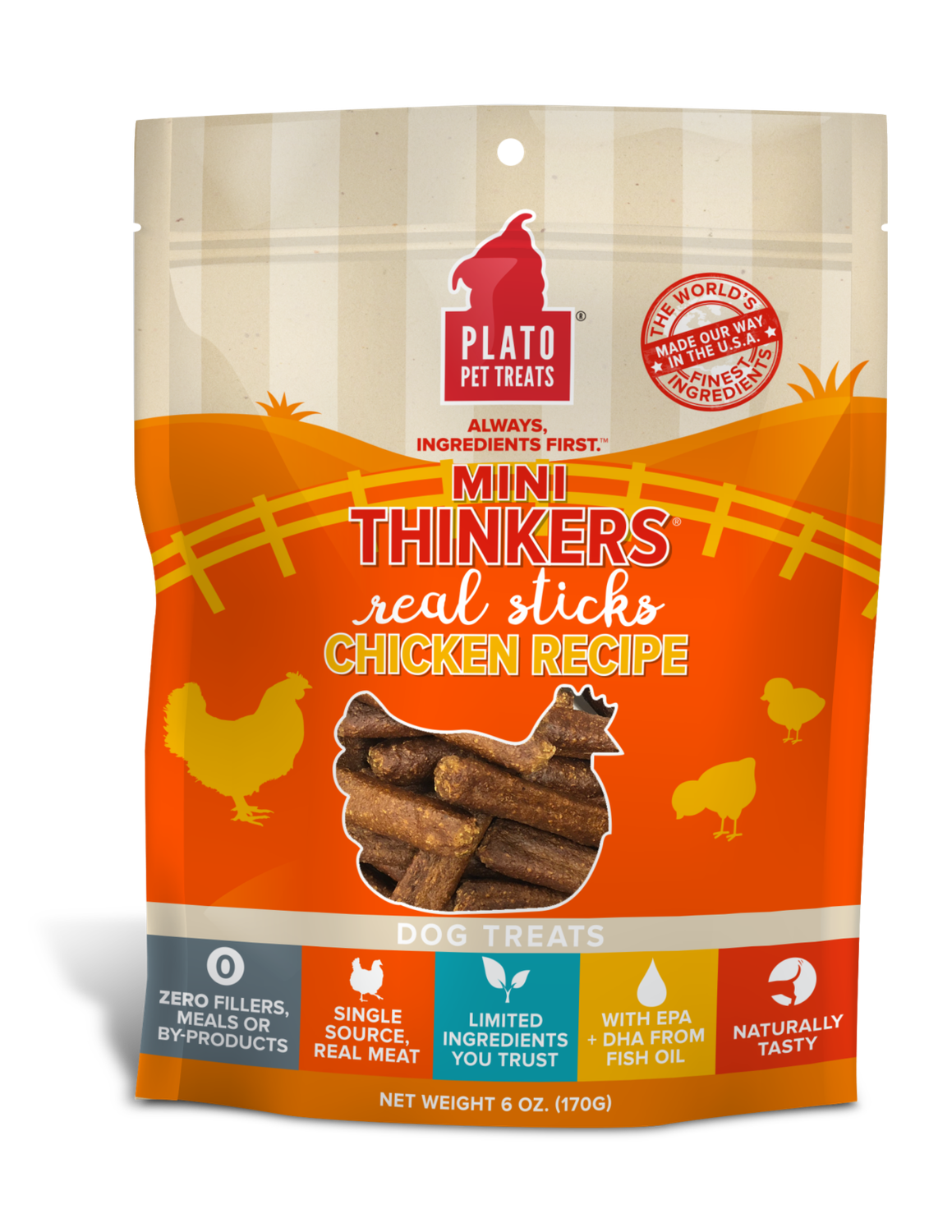 Plato Pet Treats Mini Thinkers Chicken Recipe Meat Sticks Dog Treats 6-oz