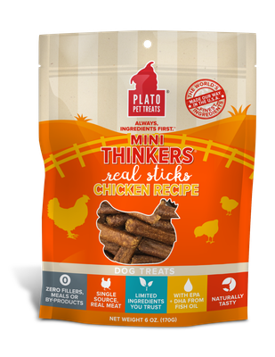 Plato Pet Treats Mini Thinkers Chicken Recipe Meat Sticks Dog Treats 6-oz