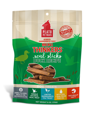 Plato Pet Treats Mini Thinkers Duck Recipe Meat Sticks Dog Treats 6-oz