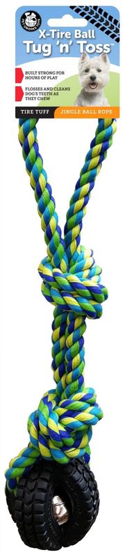Pet Qwerks Jingle X-Tire Ball with Knotted Rope Tug &#39;n Toss Dog Toy