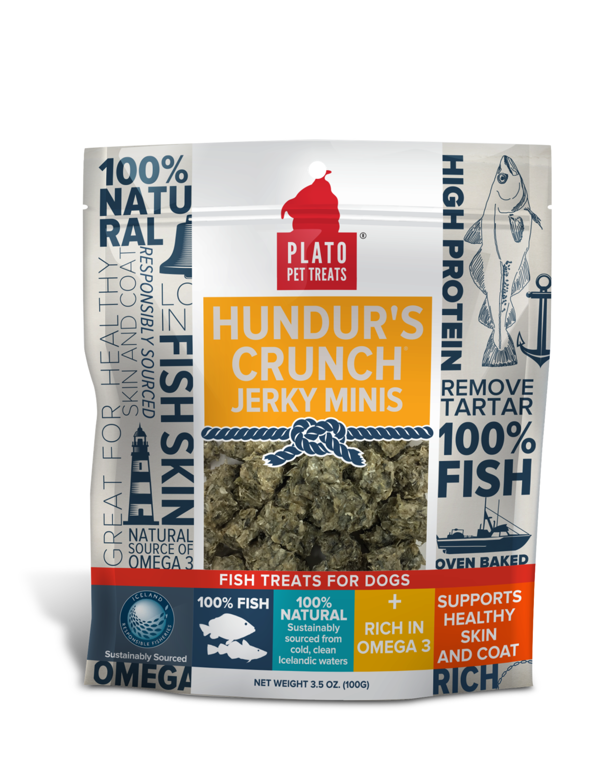 Plato Pet Treats Hundur&#39;s Crunch Jerky Minis Fish Dog Treats, Size: 3.5-oz