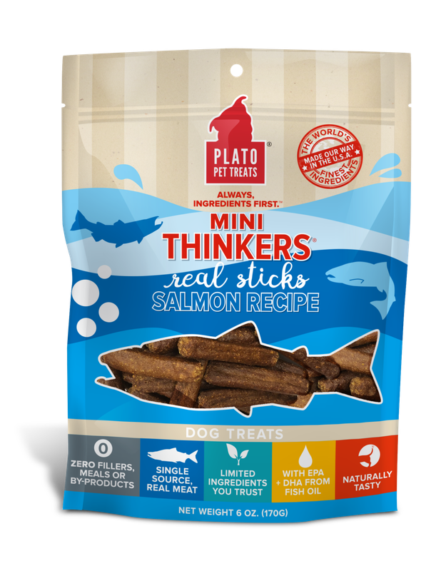 Plato Pet Treats Mini Thinkers Salmon Recipe Meat Sticks Dog Treats 6-oz