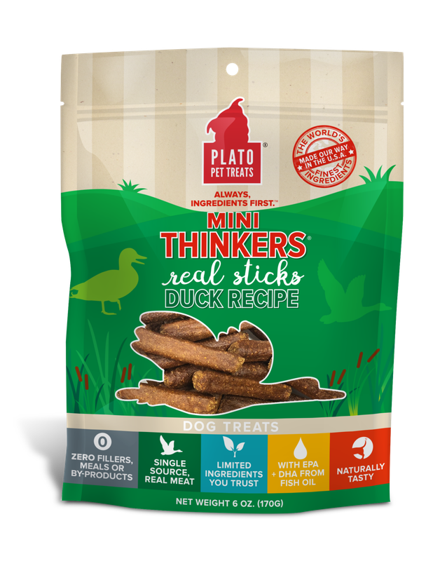 Plato Pet Treats Mini Thinkers Duck Recipe Meat Sticks Dog Treats 6-oz