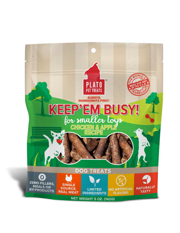 Plato Pet Treats Keep'Em Busy Chicken &amp; Apple Recipe Meat Sticks Dog Treats