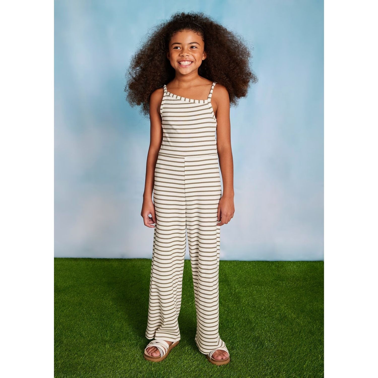 Mayoral/#6867/Youth/Girls Striped Jumpsuit/Ivory Green