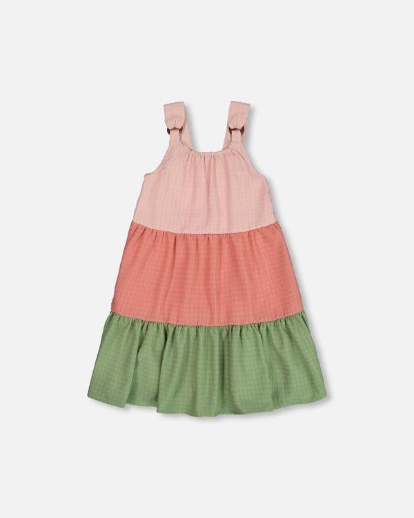 Deux par Deux Tiered Colour Block Peasant Dress Peach Pink And Green