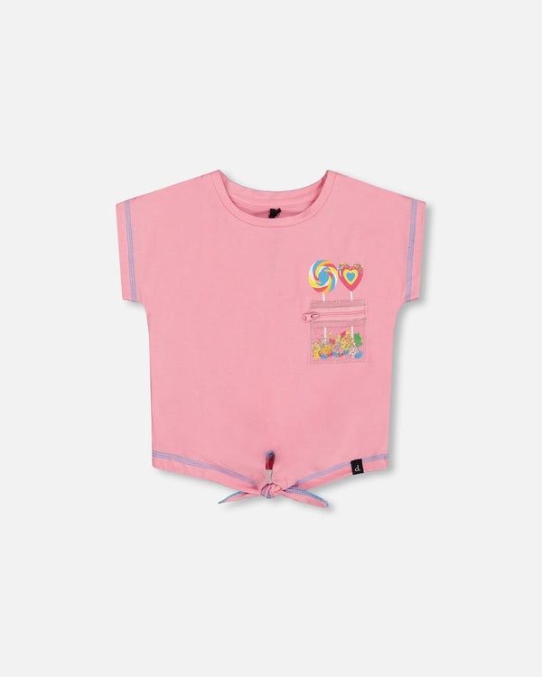 Deux par Deux Organic Cotton Tee With Print And Knot Candy Pink