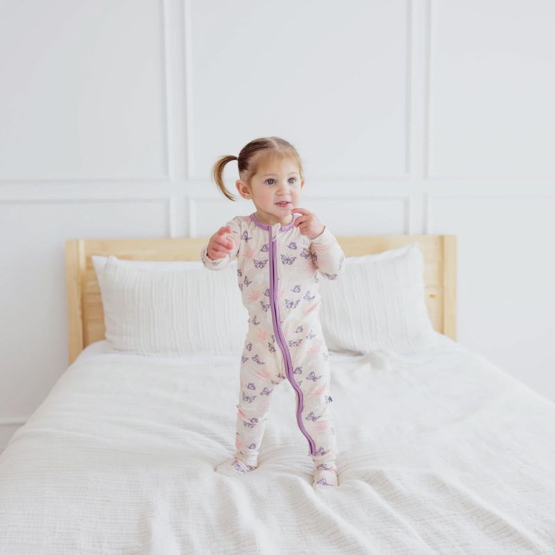 Print footie with 2 way zipper latte butterflies