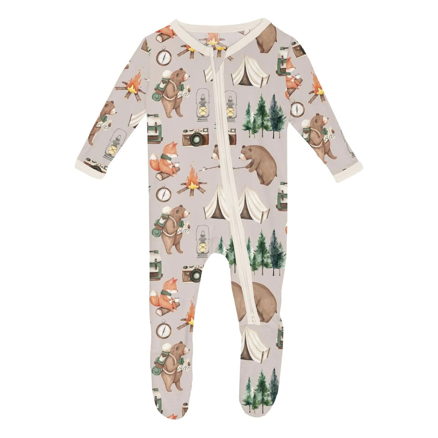 Kickee Pants/Print Footie with 2-Way Zipper/Latte Camping Animals