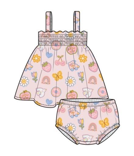 Groovy Vibes Stickers Pink Smocked Top &amp; Bloomer, Size: 3-6M, Colour: PINK, Season: AD SPRING ‘25