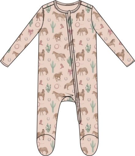 Western Horses 2 Way Zipper Ruffle Back Footie, Size: NB, Colour: PINK, Season: AD SPRING ‘25
