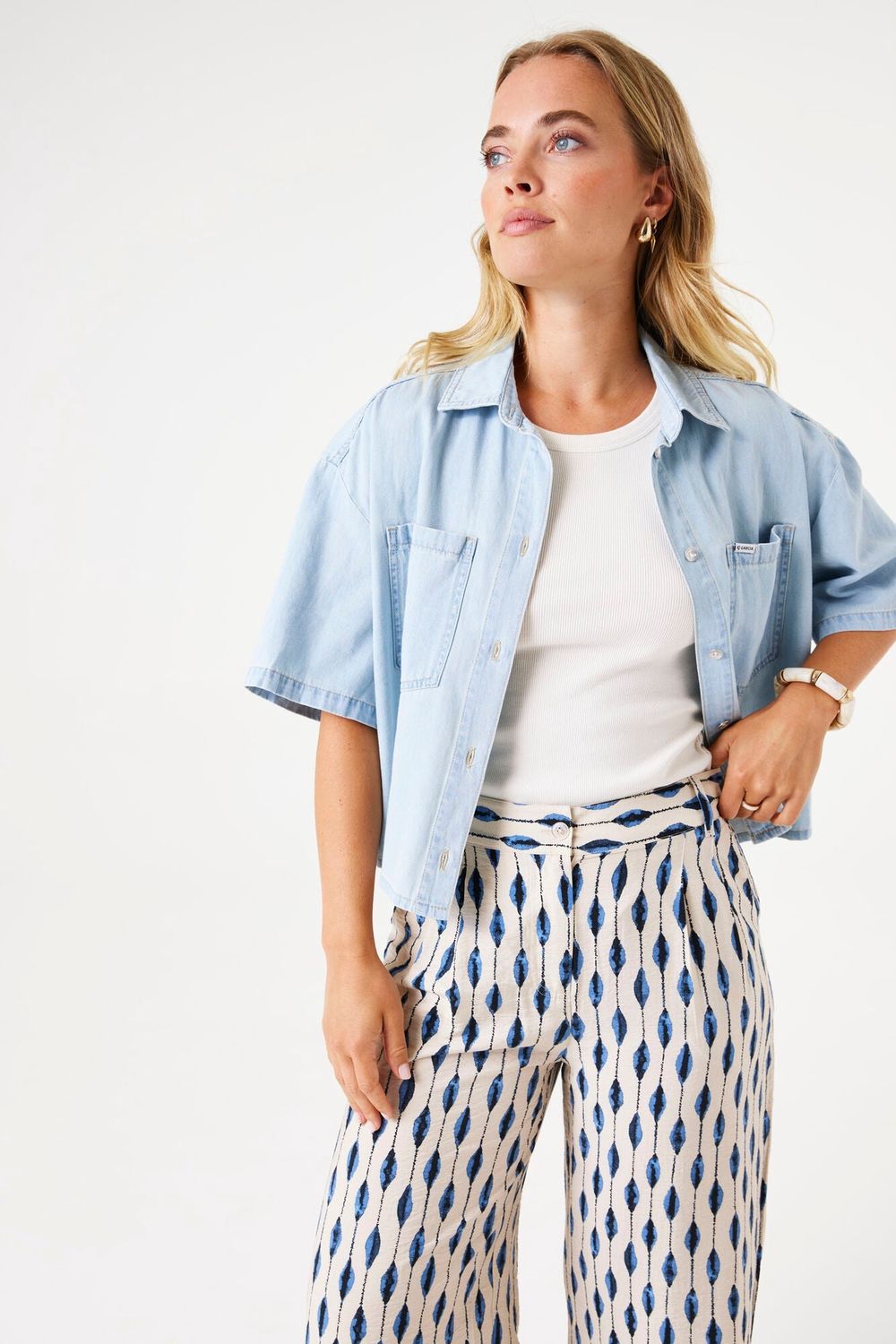 Garcia Bleached Denim Cropped Button-Up, Size: XS