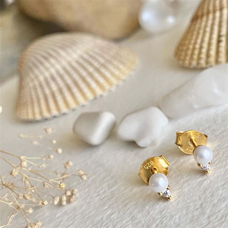 Pika &amp; Bear &quot;Coyo&quot; Dainty Pearl And Rhinestone Stud Earrings In Gold