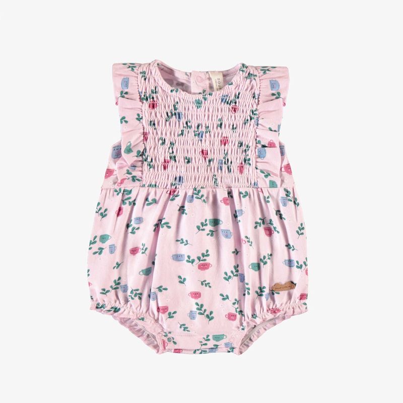 Pink Stretch Jersey One Piece W/ Teacups &amp; Flowers All-Over Print