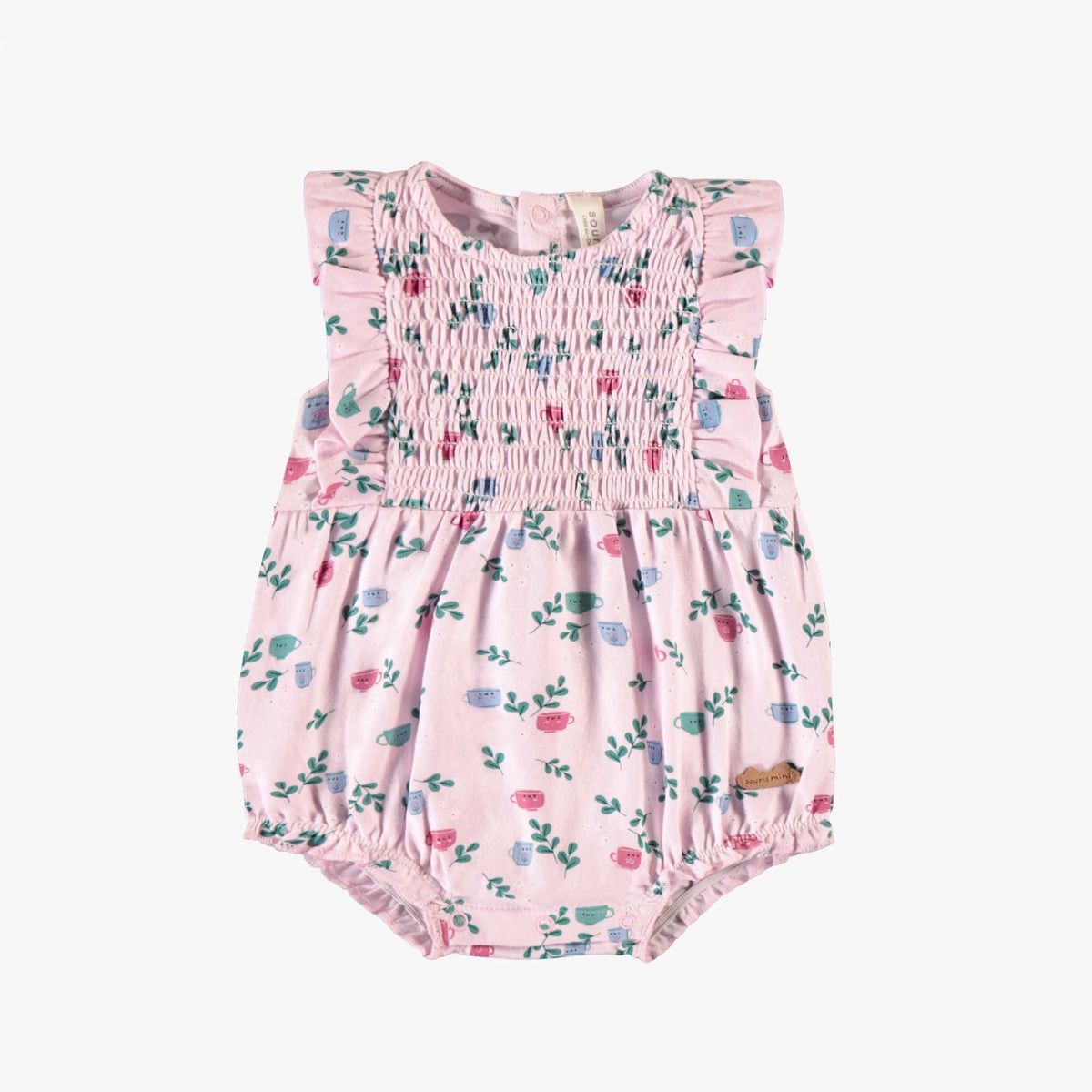 Pink Stretch Jersey One Piece W/ Teacups &amp; Flowers All-Over Print, Size: 0-3M