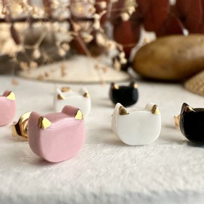 Pika &amp; Bear “Mew” Porcelain Cat Face Stud Earrings