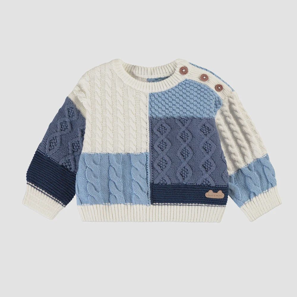 Souris Mini/Patchwork Knit Sweater, Size: 0-3M, Colour: Blue/Cream