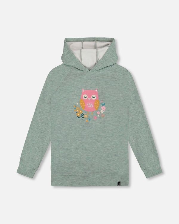 Deux Par Deux Owl Print Hoodie In Iceberg Green, Size: 2
