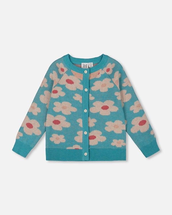 Deux Par Deux Button Front Knit Cardi In Blue Turquoise, Size: 2