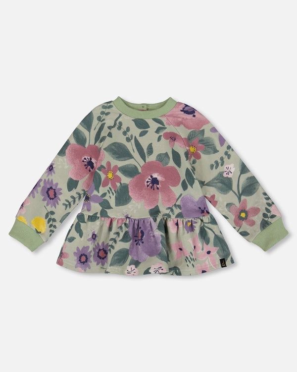 Deux Par Deux Stretch Fleece Sweatshirt in Watercolour Flowers, Size: 2