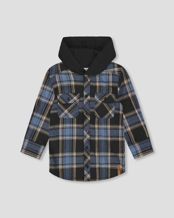 Deux Par Deux Hooded Flannel Shirt in Blue &amp; Black Plaid, Size: 2