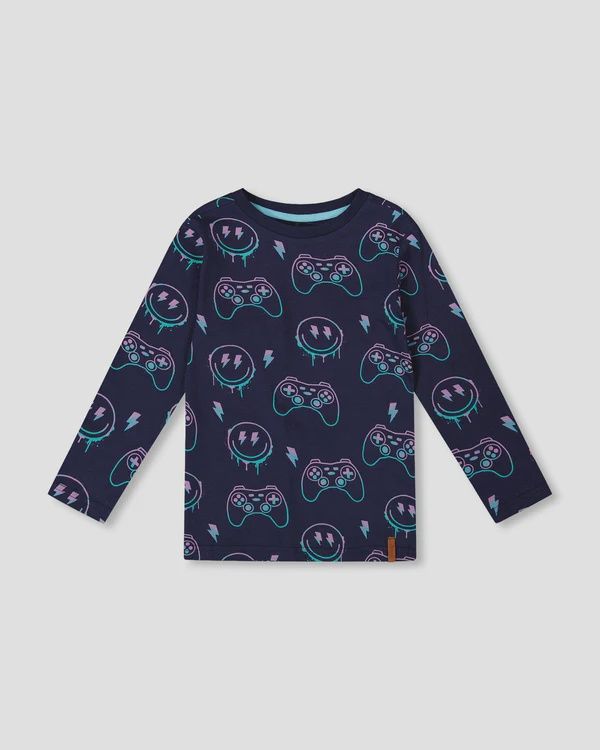 Deux Par Deux Allover Print LS Tee in Peacoat, Size: 2