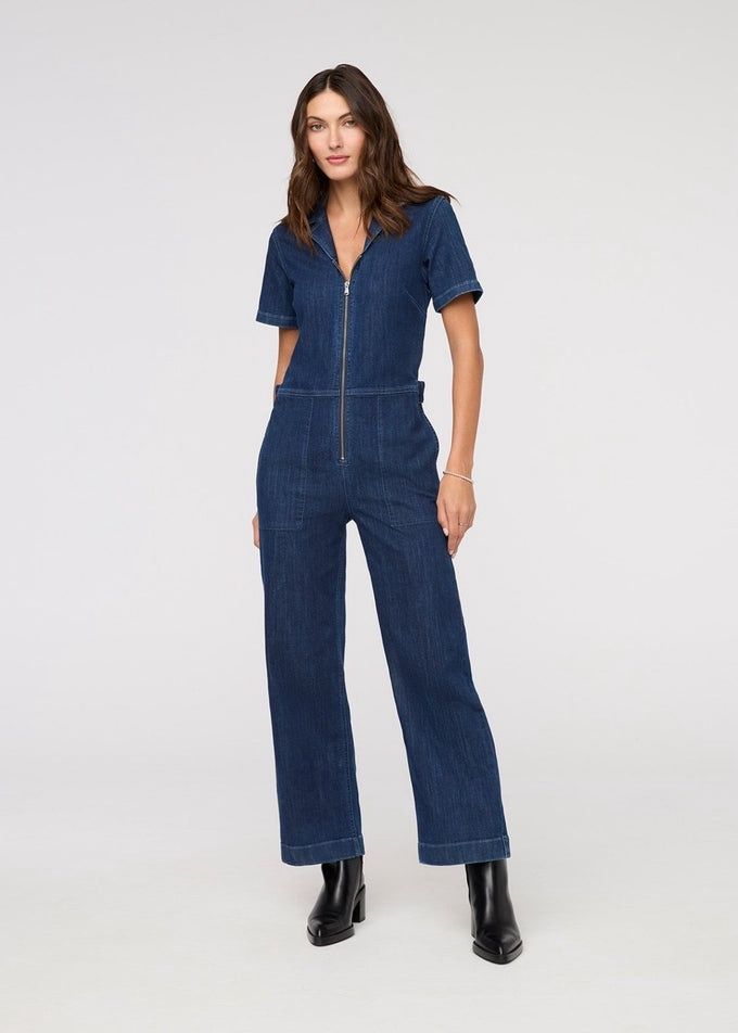 Duer Performance Denim Short Sleeve Jumpsuit - Dark Stone, Size: XS