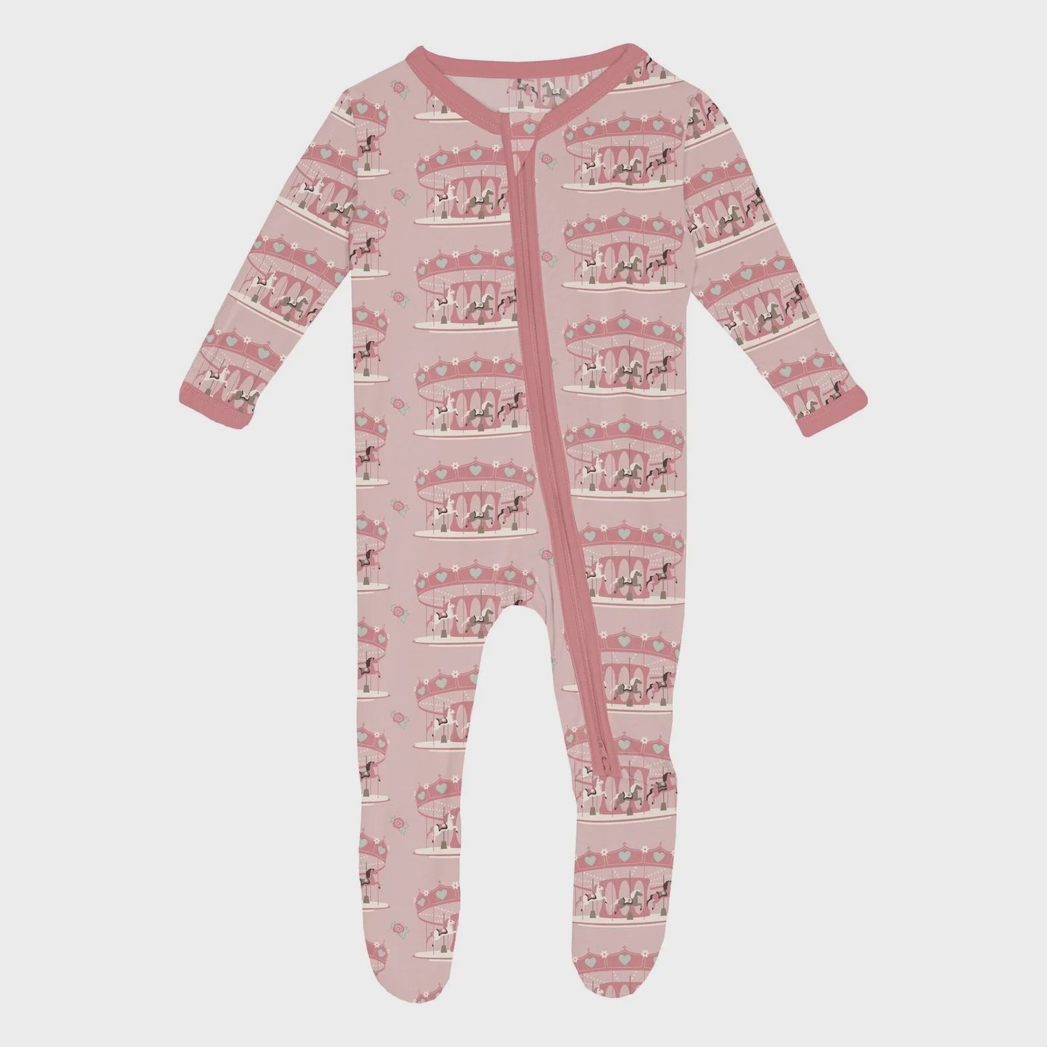 KicKee Print Footie with 2 Way Zipper in Baby Rose Fair Carousel, Size: NB