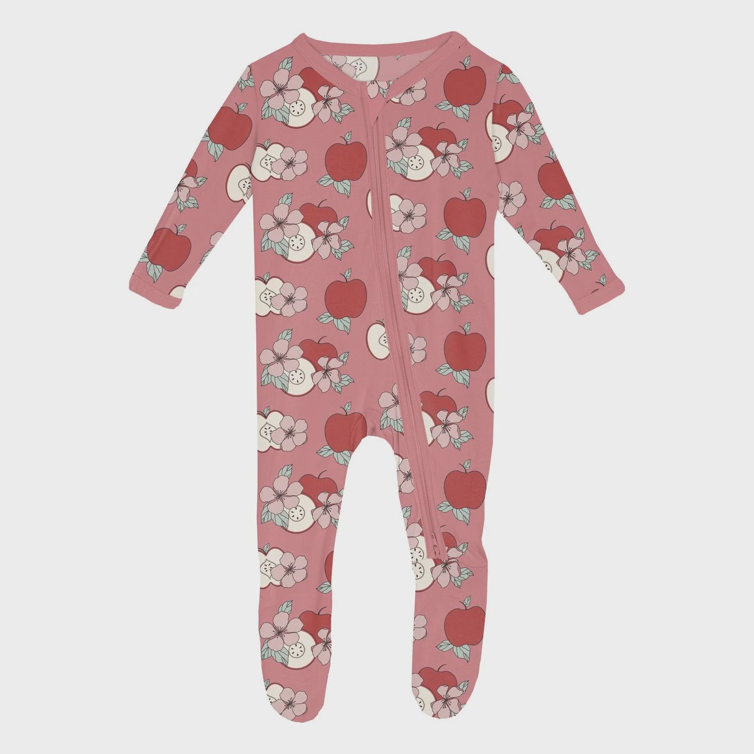 KicKee Print Footie with 2 Way Zipper in Desert Rose Apple Picking, Size: NB