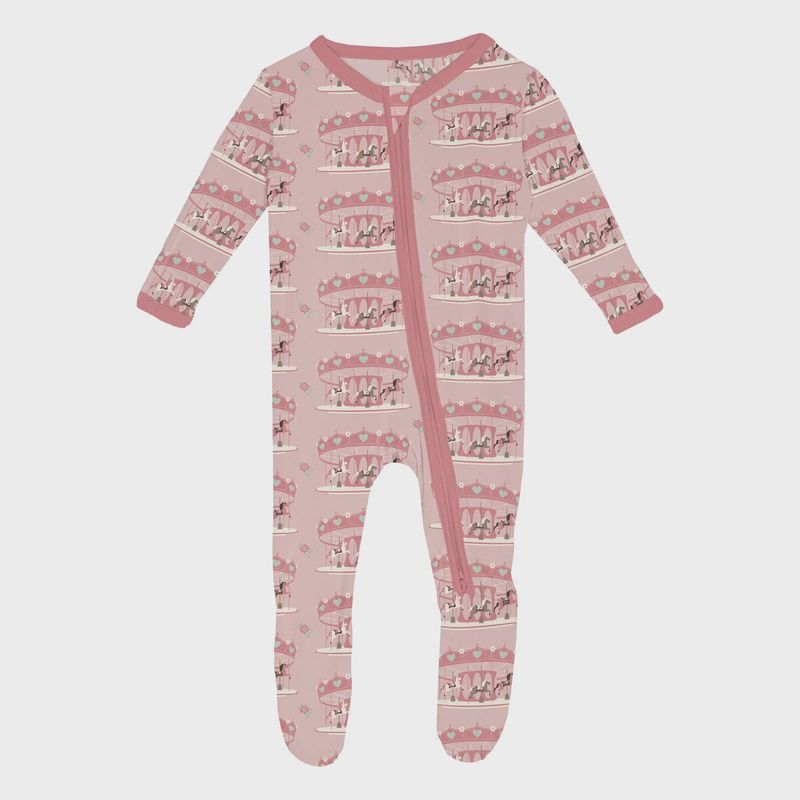 KicKee Print Footie with 2 Way Zipper in Baby Rose Fair Carousel