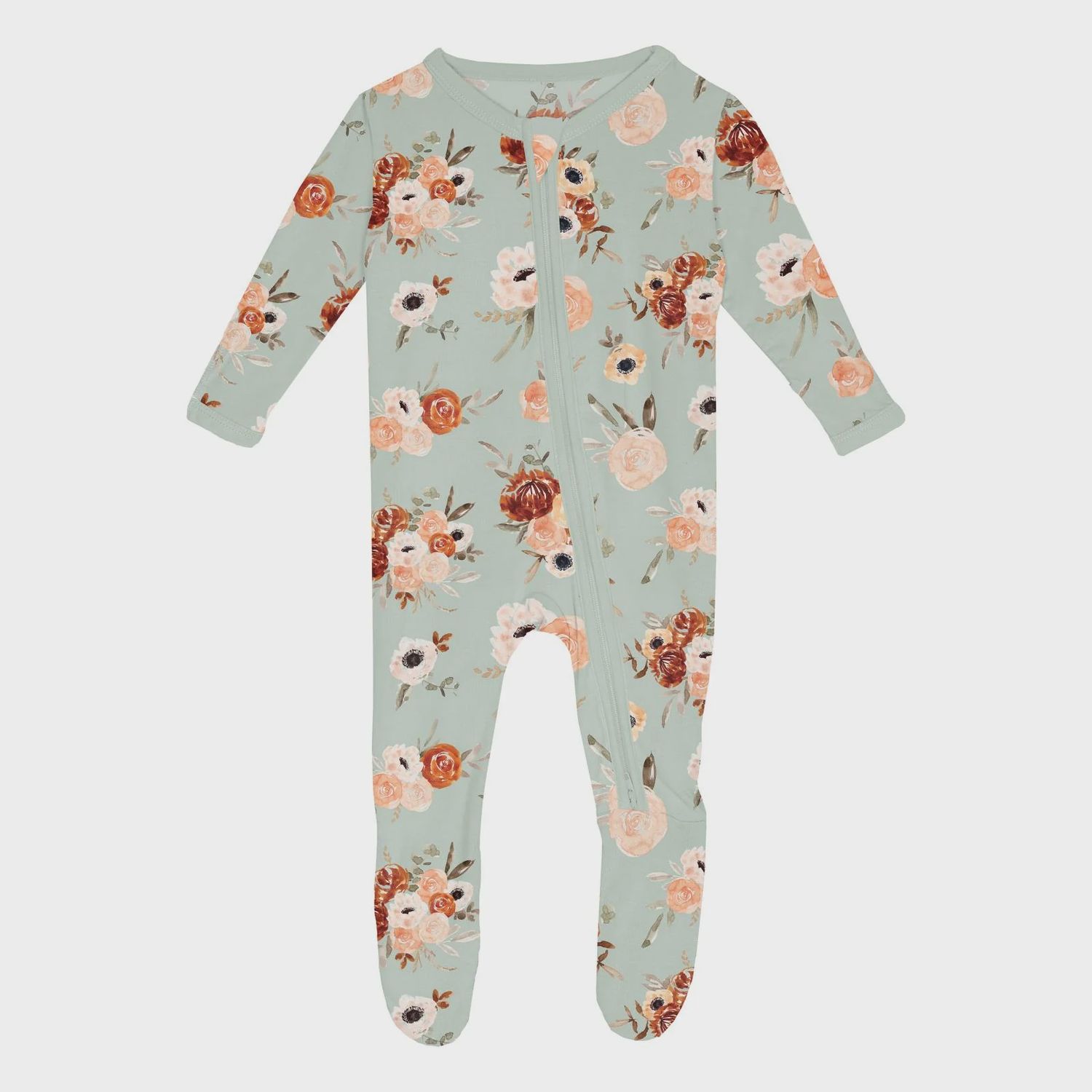 KicKee Print Footie with 2 Way Zipper in Aloe Fall Floral, Size: NB