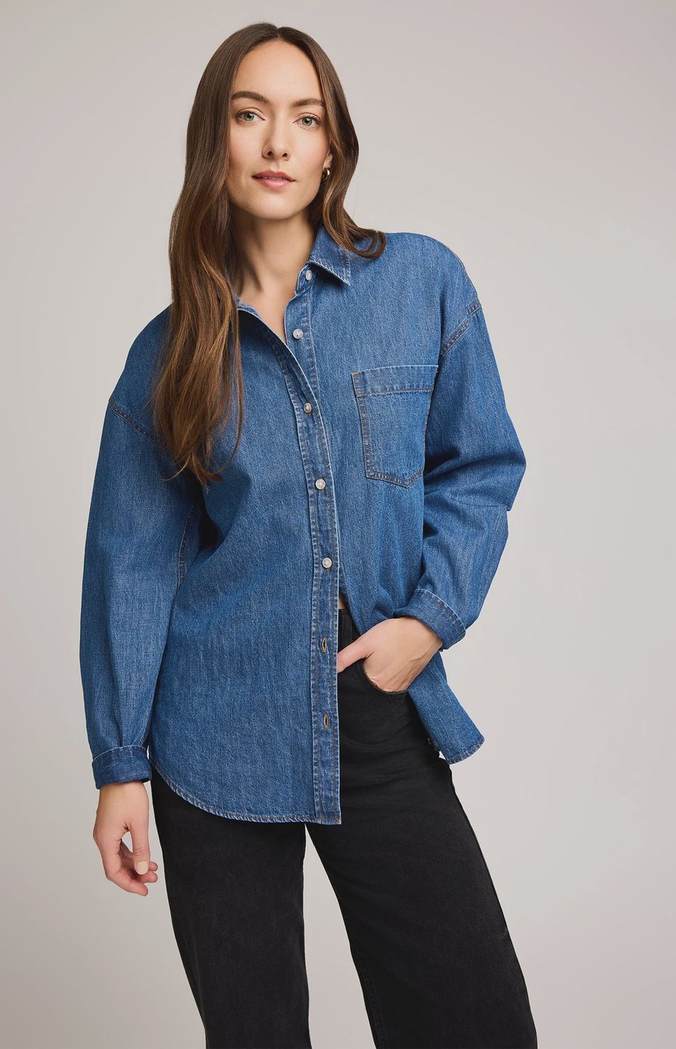 GF Whitney Denim Button Down Shirt in Medium Wash, Size: XS