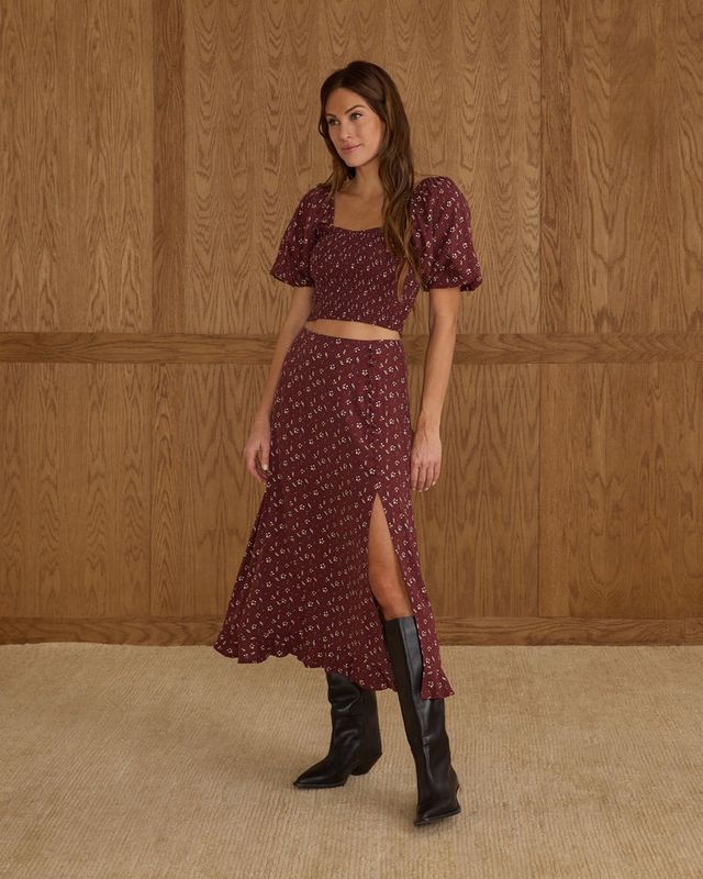 Rylee + Cru Button Slit Skirt in Harvest Berry