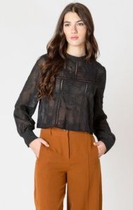 Black Tape Embroidered Lace Insert Top in Black