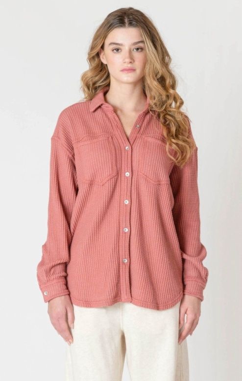 Room 34 Thermal Knit Button Up in Brick
