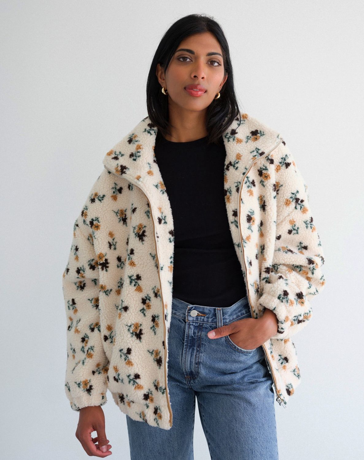 Brunette the Label Floral Sherpa Jacket, Colour: Cream w/ Brown, Size: XS/S