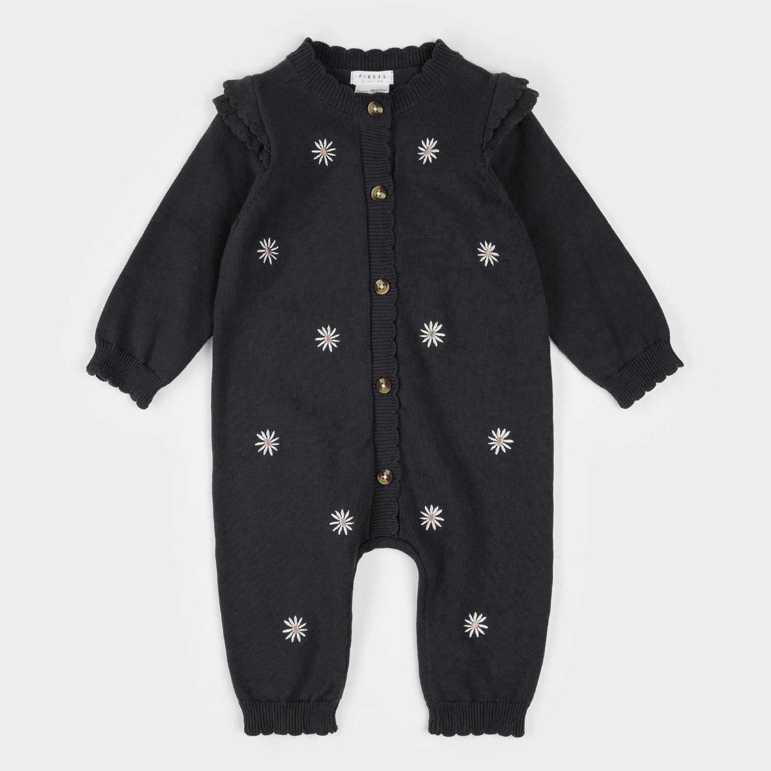 Daisy Print on Dark Grey Sweater Knit Playsuit, Size: 3-6m